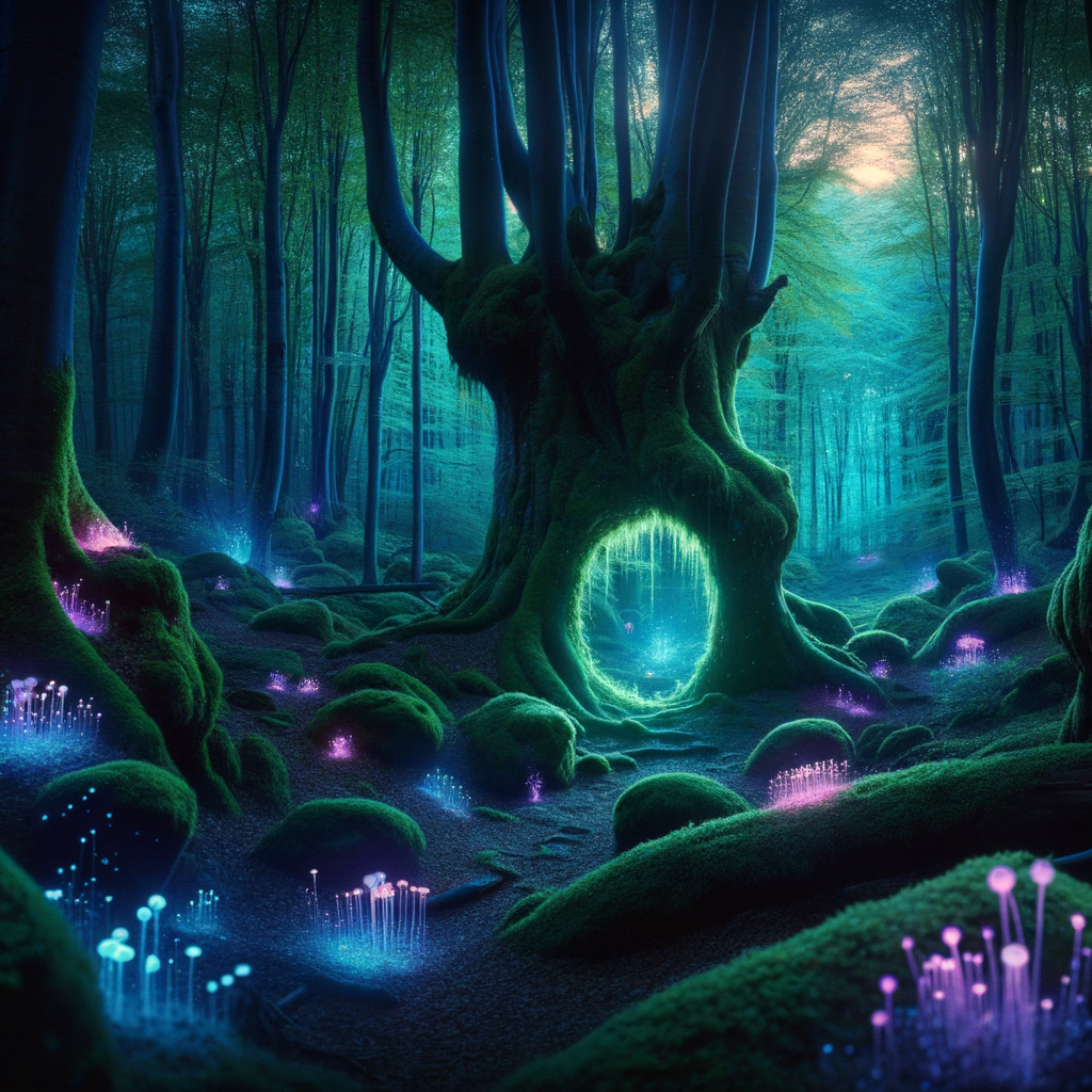 Illustrate an enchanted forest with ancient trees, glowing plants, and a hidden magical portal.