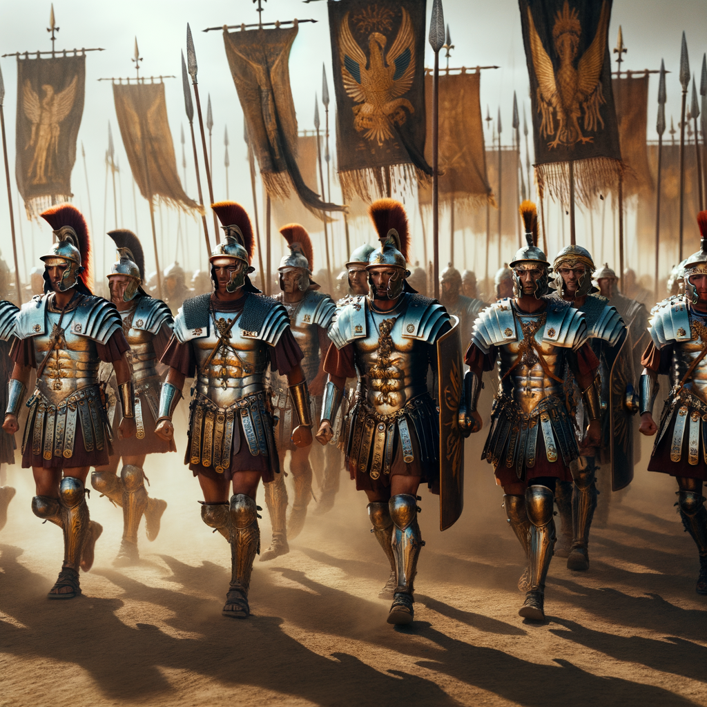 Depict an ancient Roman legion marching through a dusty road, with soldiers in full armor and banners waving in the wind.