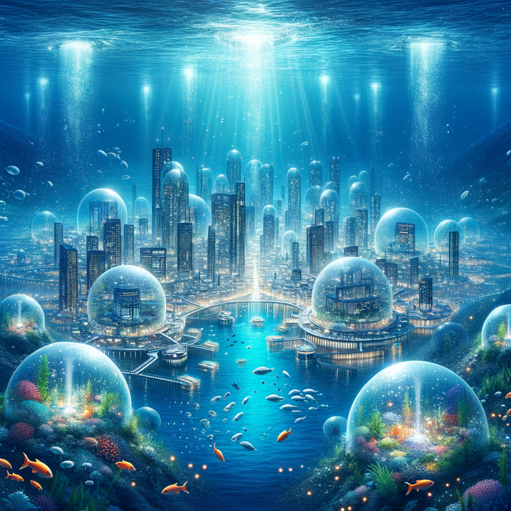 A futuristic underwater city with transparent domes, marine life swimming around, and soft lighting illuminating the deep ocean scene.