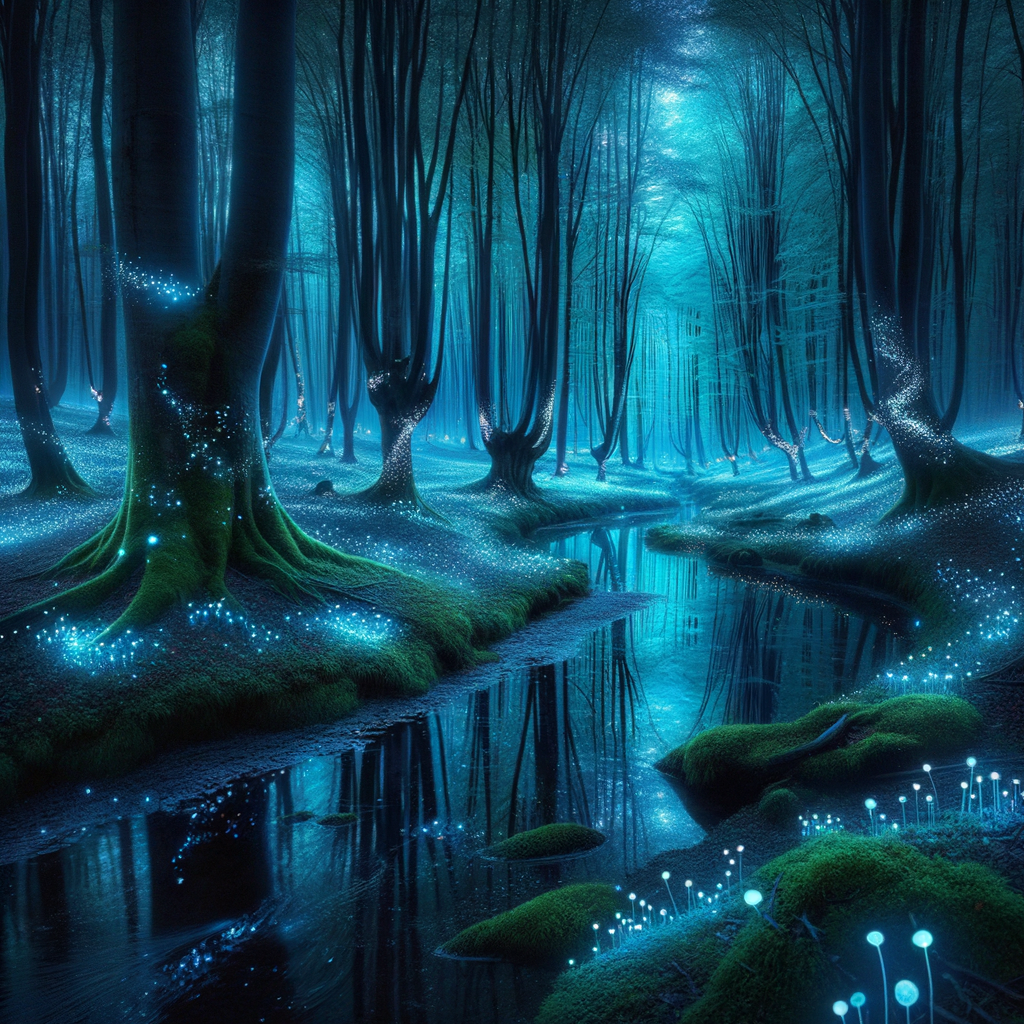 An enchanted forest at twilight with glowing trees, bioluminescent moss, floating lights, and a clear river reflecting the magic.