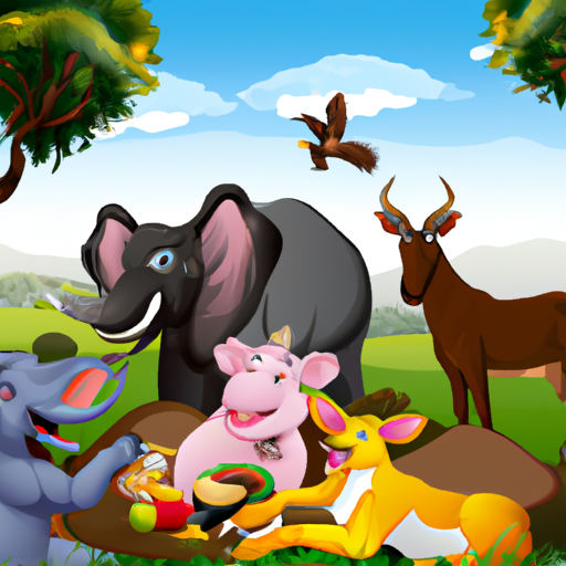  A group of animals having a picnic