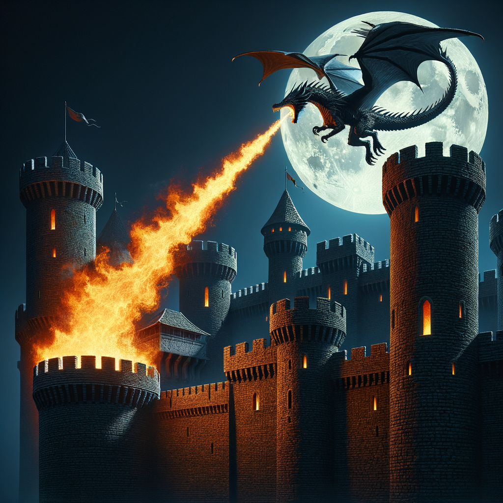 Depict a dragon flying over a fortified castle, with fiery breath lighting up the night sky.