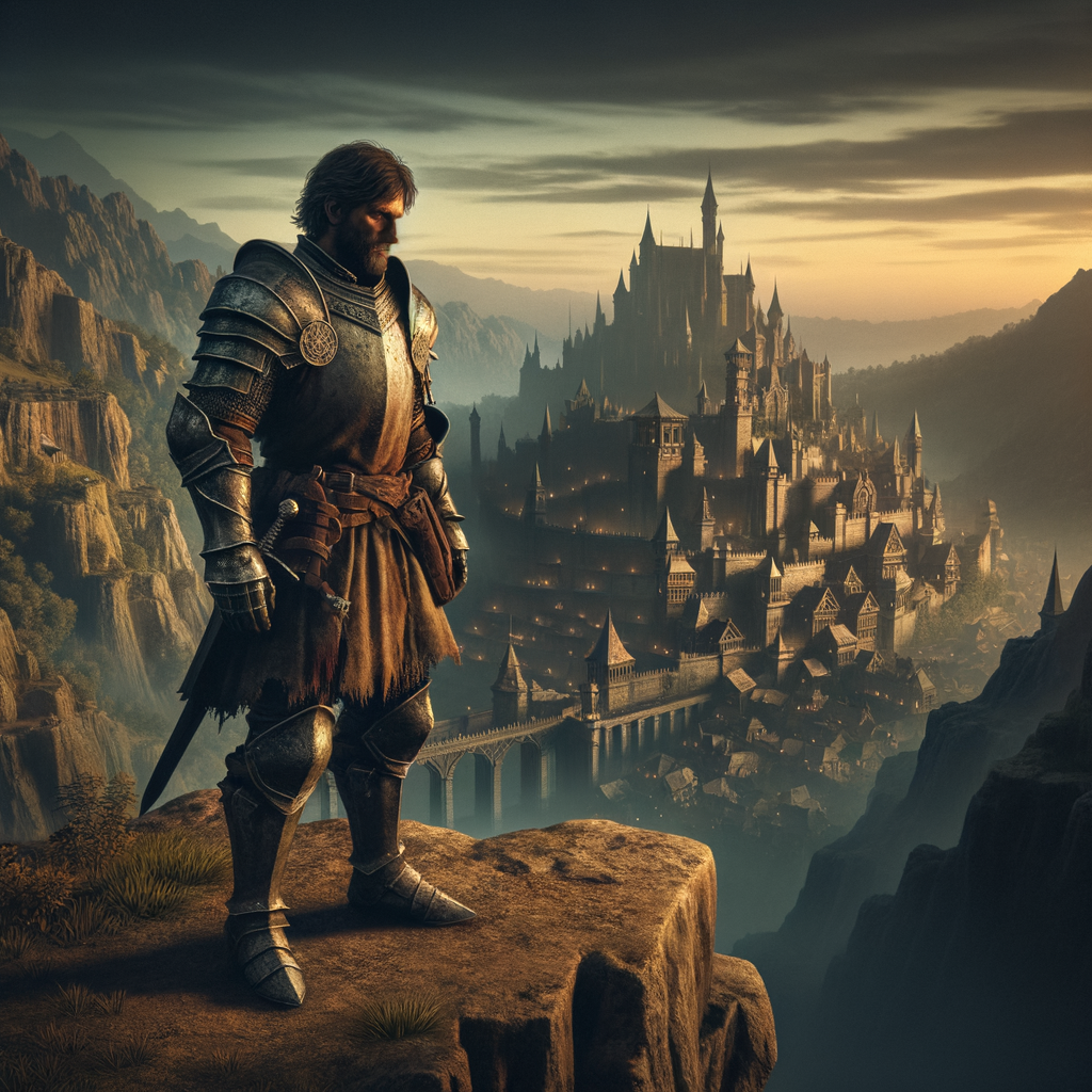 Show a battle-worn knight standing on a cliff, overlooking a sprawling medieval city at dusk