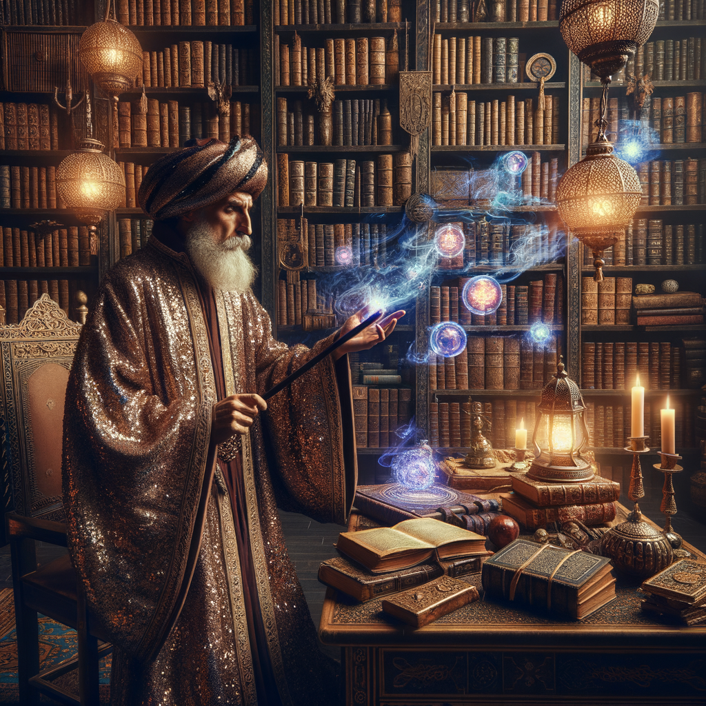 Illustrate a grand wizard casting a powerful spell in a mystical library filled with floating books and magical artifacts.