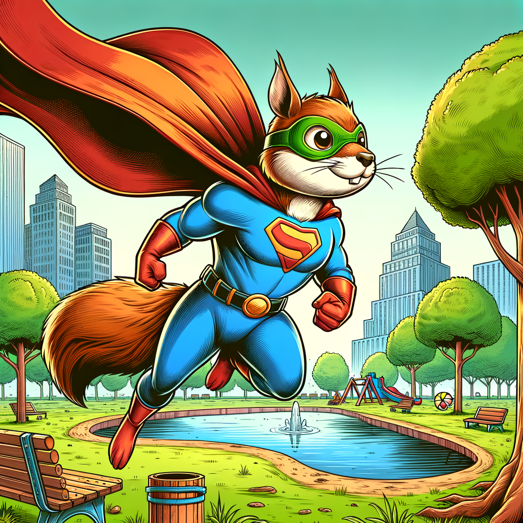 A cartoon drawing of a superhero squirrel saving the day in a city park