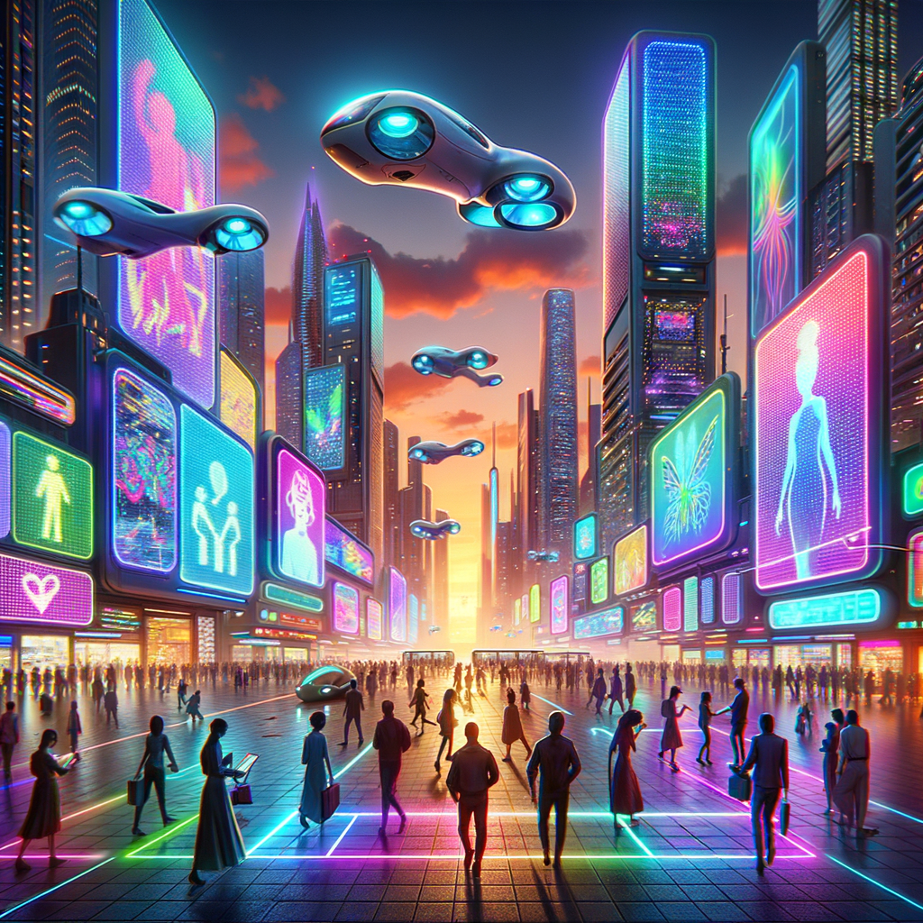 Create a visually captivating video showcasing a futuristic city skyline at dusk, with glowing neon lights, flying vehicles, and people walking through holographic billboards. The scene should feel vibrant, energetic, and teeming with life, blending advanced technology with urban culture.