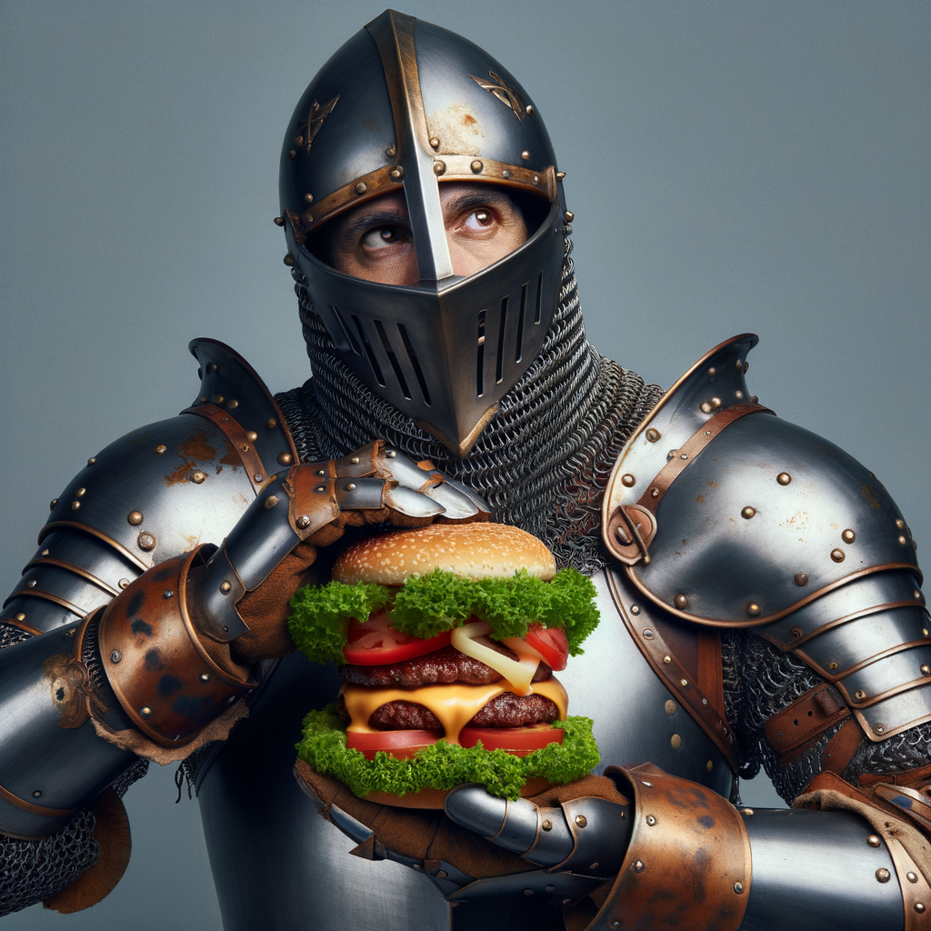 Depict a medieval knight in full armor trying to eat a modern-day cheeseburger, looking confused and clumsy.