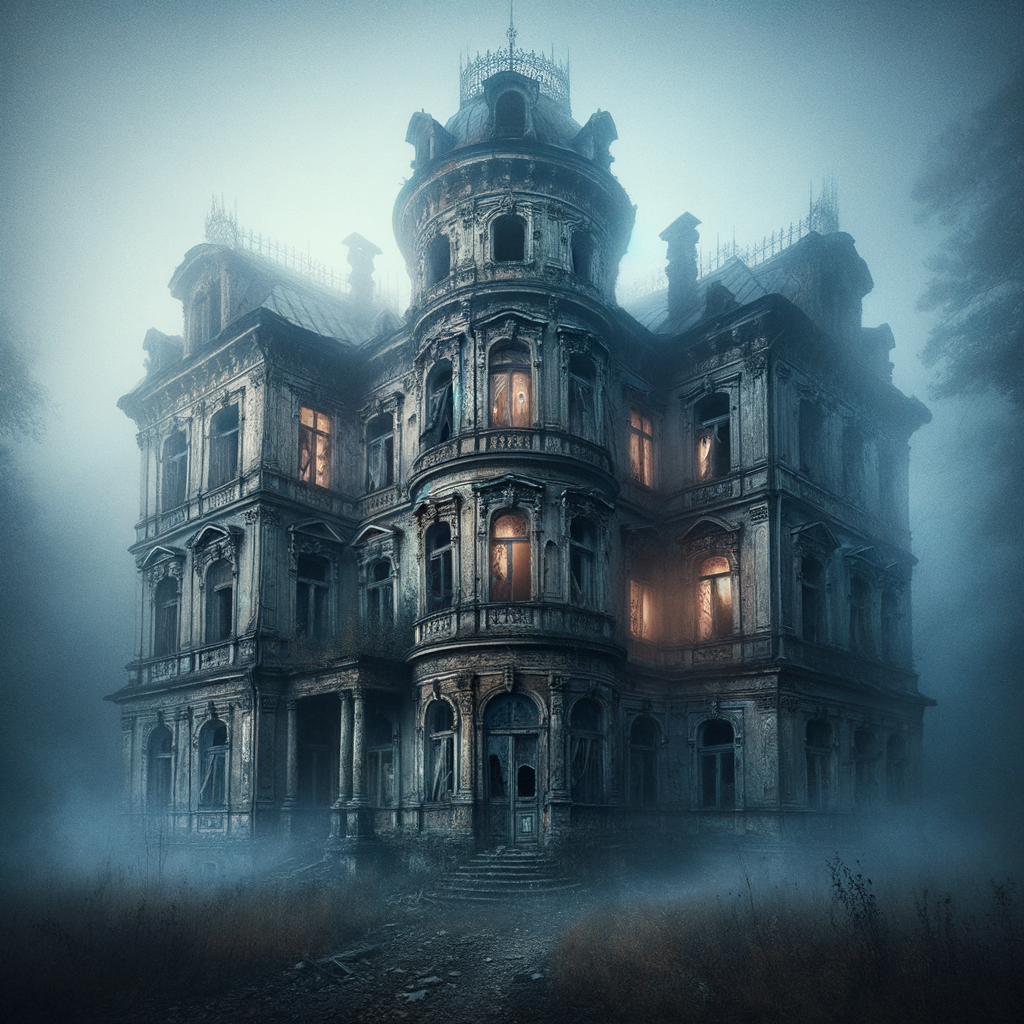 Illustrate an abandoned, decrepit mansion on a foggy night, with ghostly figures peeking through cracked windows.