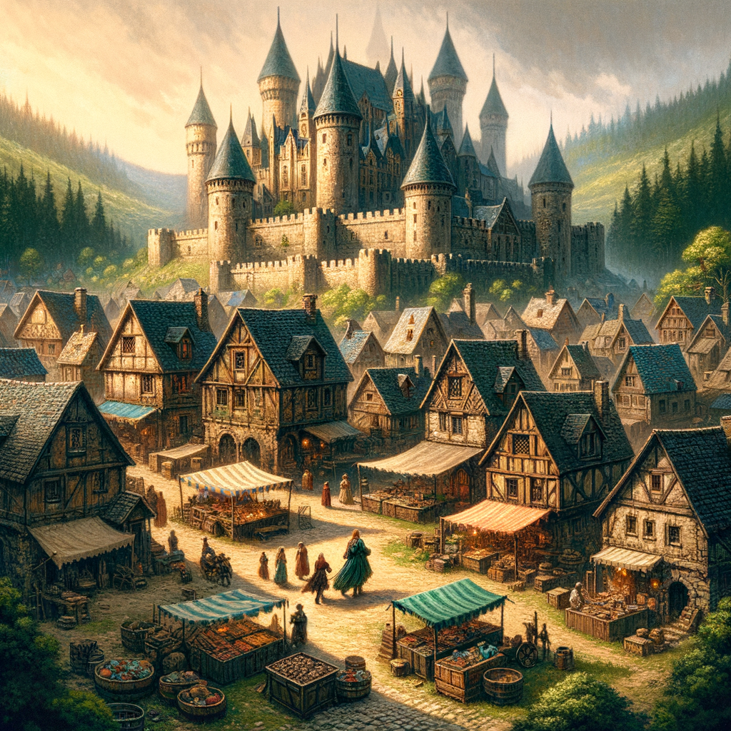 Depict a medieval fantasy village with stone cottages, a marketplace, and a castle on a hill, surrounded by a mystical forest.